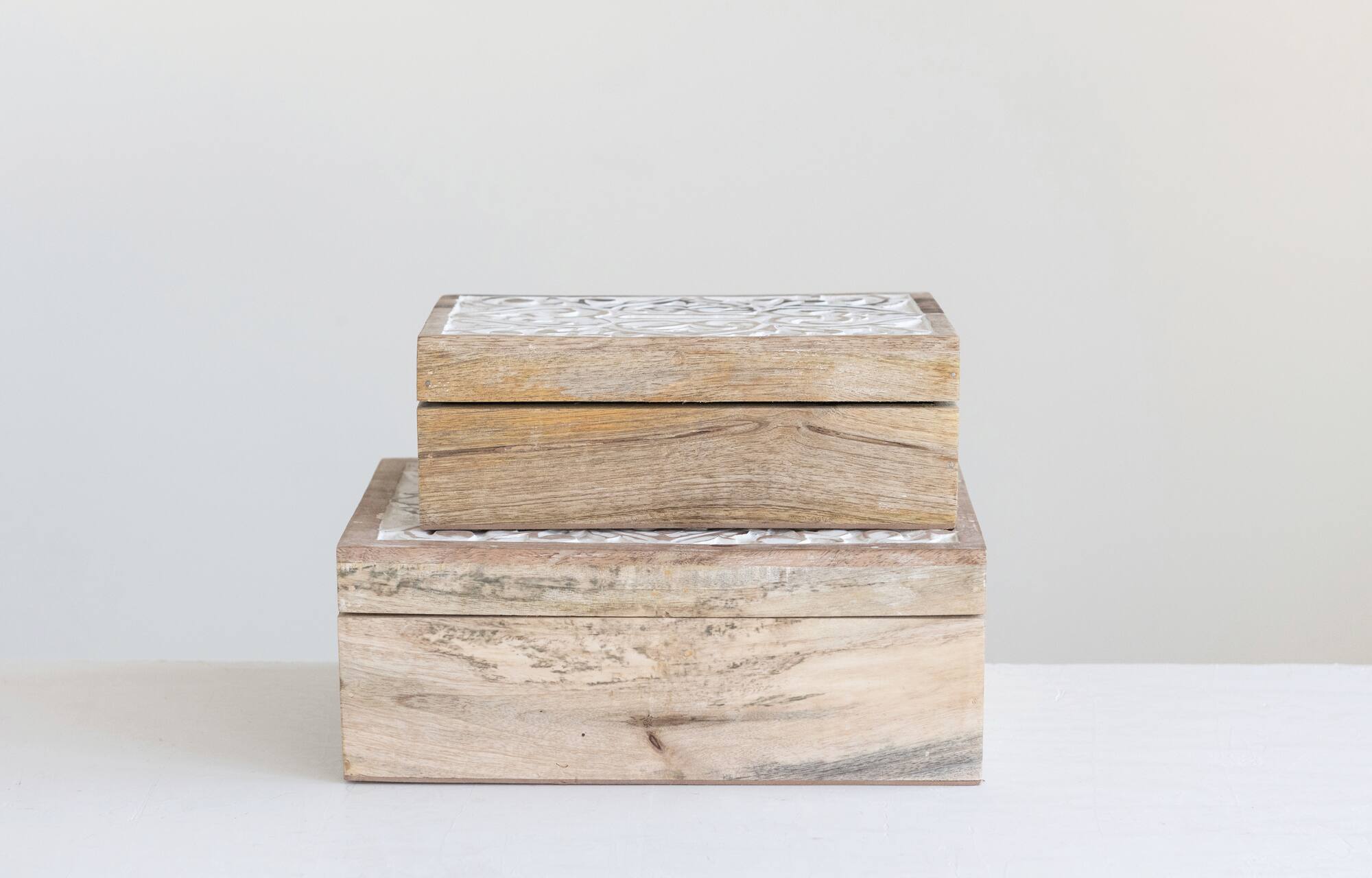 Hello Honey® Handcarved & Whitewashed Mango Wood Box Set